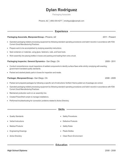 Packaging Associate Resume