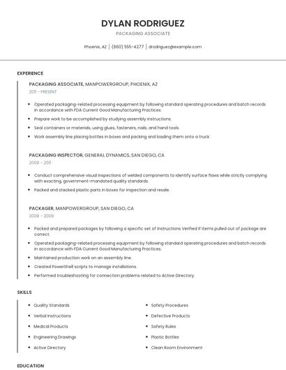 Packaging Associate Resume