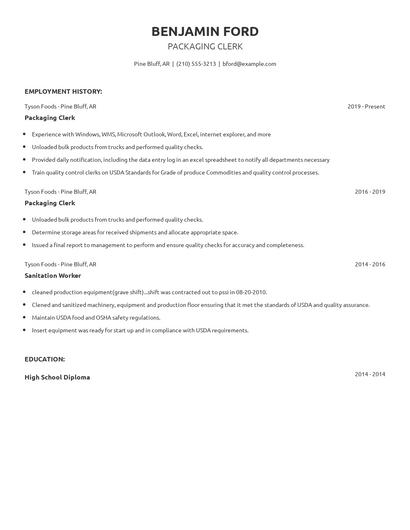 Packaging Clerk Resume