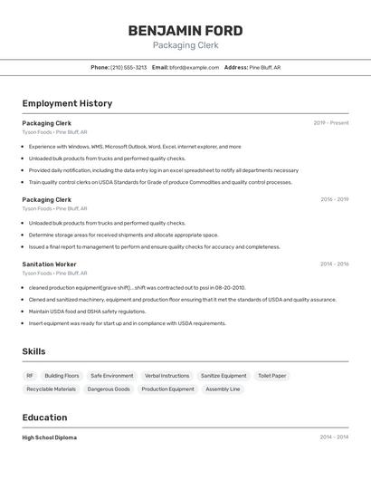 Packaging Clerk Resume