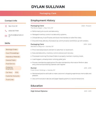 Packaging Clerk Resume