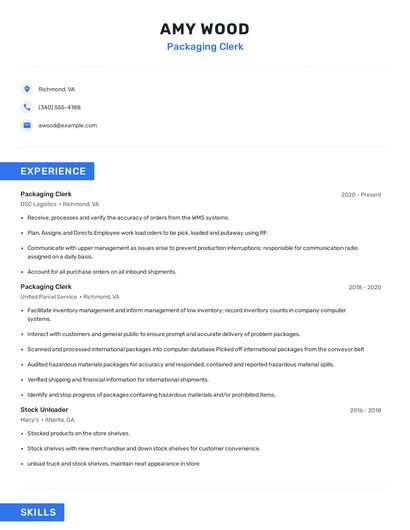 Packaging Clerk Resume