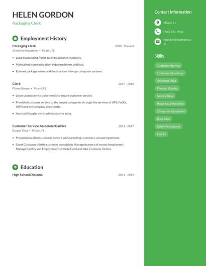 Packaging Clerk Resume