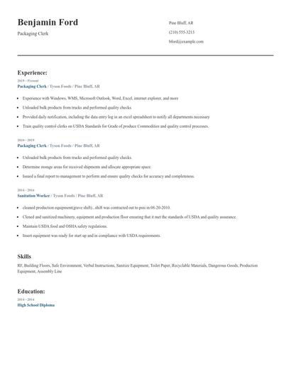 Packaging Clerk Resume