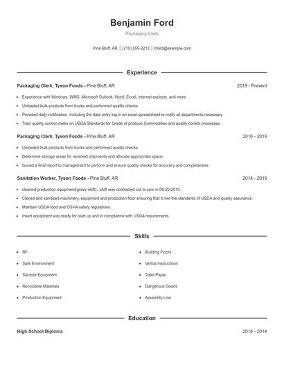 Packaging Clerk Resume