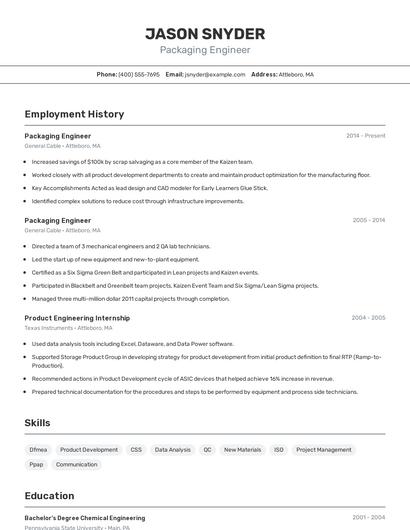 Packaging Engineer Resume