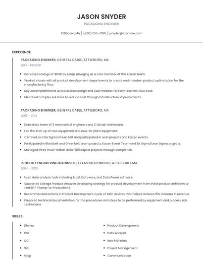 Packaging Engineer Resume
