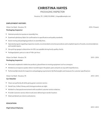 Packaging Inspector Resume