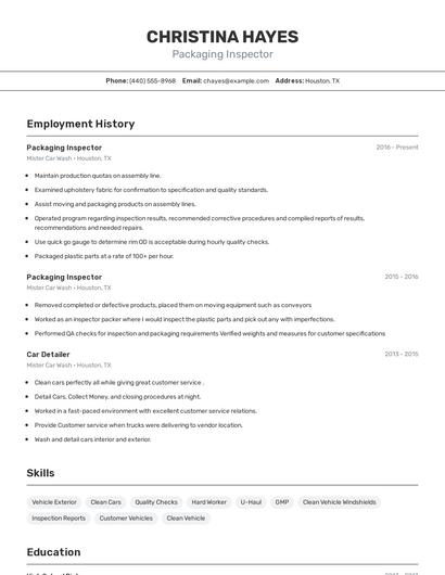 Packaging Inspector Resume
