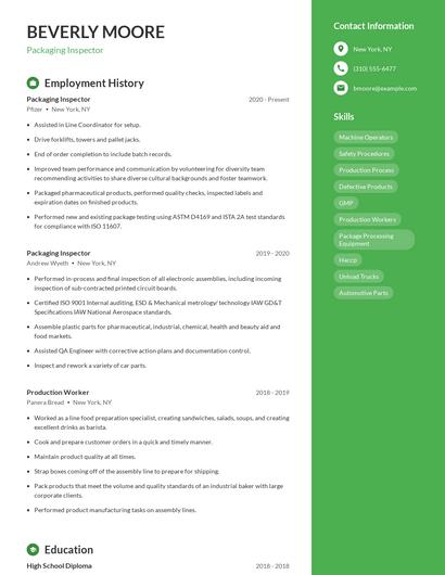 Packaging Inspector Resume