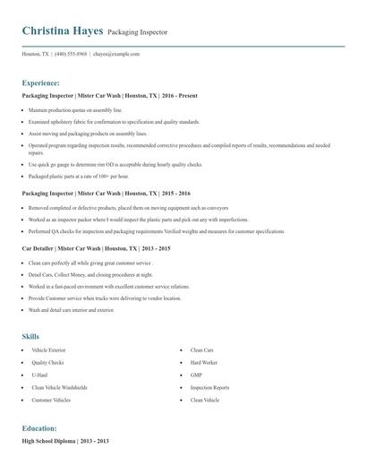 Packaging Inspector Resume