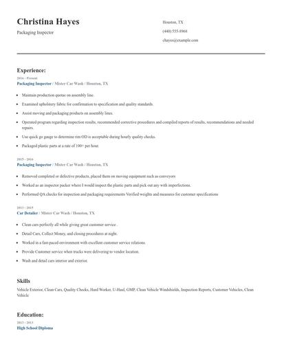 Packaging Inspector Resume