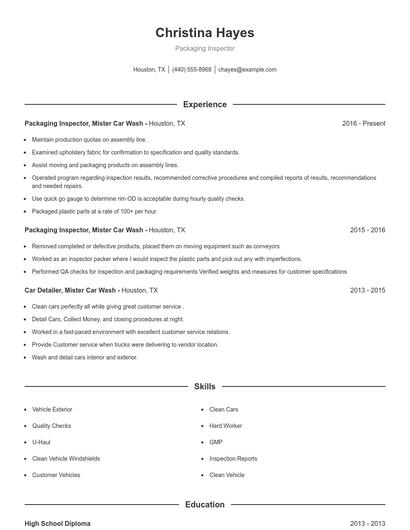 Packaging Inspector Resume