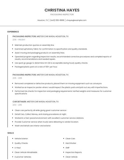 Packaging Inspector Resume