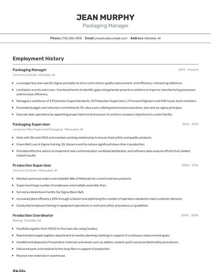 Packaging Manager Resume