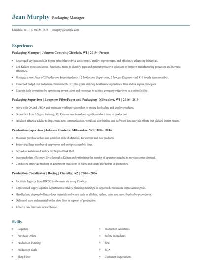 Packaging Manager Resume
