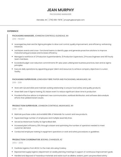 Packaging Manager Resume
