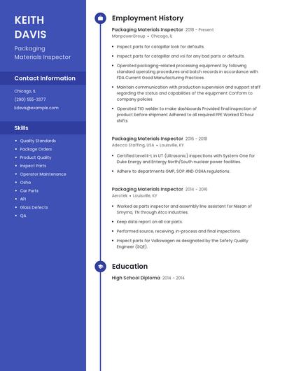 Packaging Materials Inspector Resume