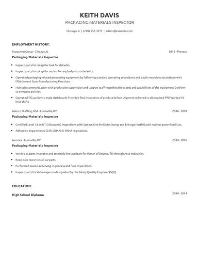 Packaging Materials Inspector Resume