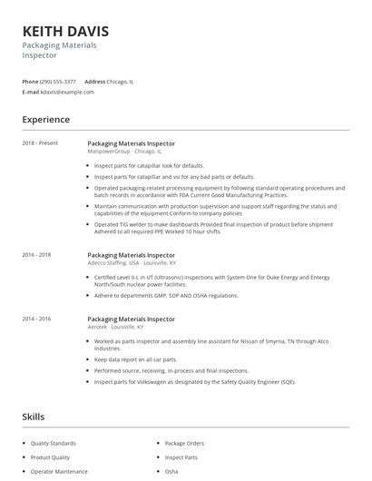 Packaging Materials Inspector Resume
