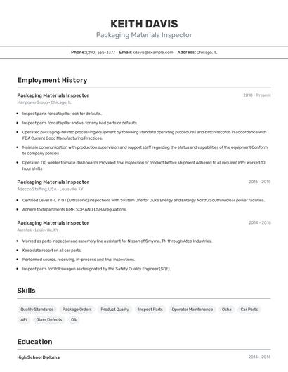 Packaging Materials Inspector Resume