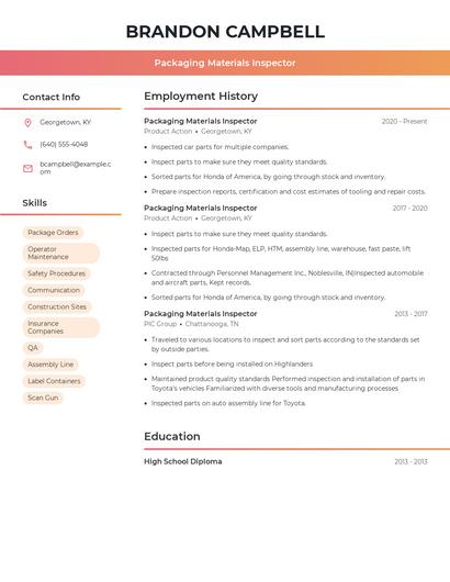 Packaging Materials Inspector Resume