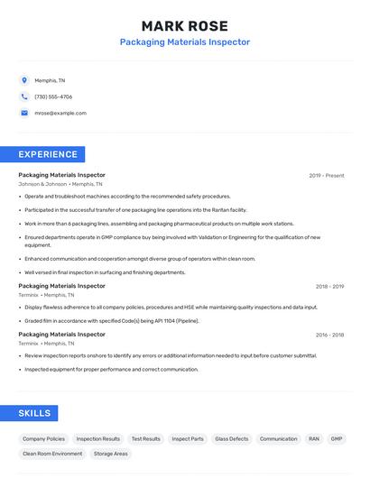 Packaging Materials Inspector Resume