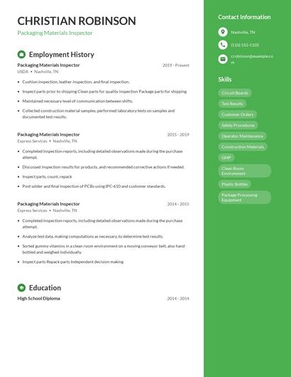 Packaging Materials Inspector Resume