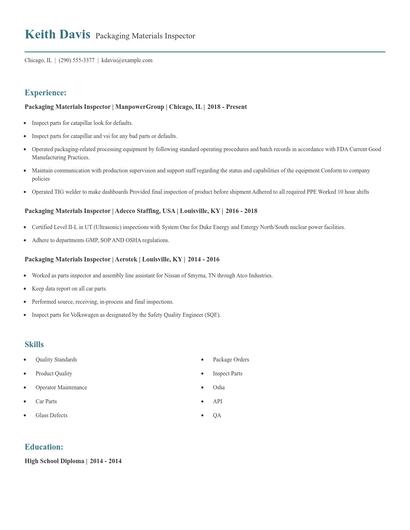 Packaging Materials Inspector Resume
