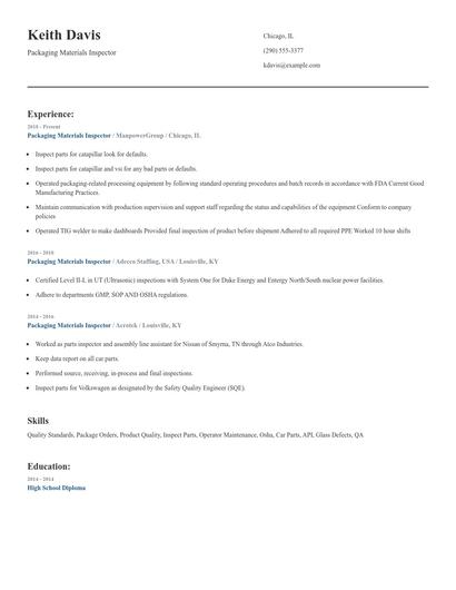 Packaging Materials Inspector Resume