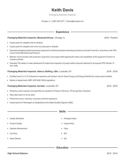 Packaging Materials Inspector Resume