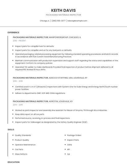Packaging Materials Inspector Resume