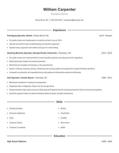 Packaging Operator Resume