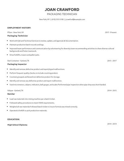 Packaging Technician Resume