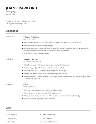 Packaging Technician Resume