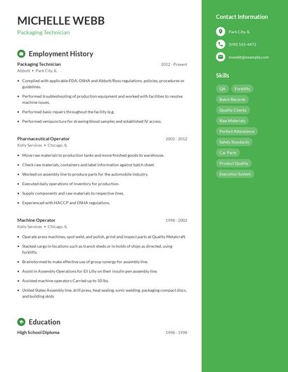 Packaging Technician Resume