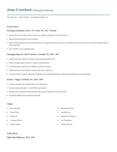 Packaging Technician Resume