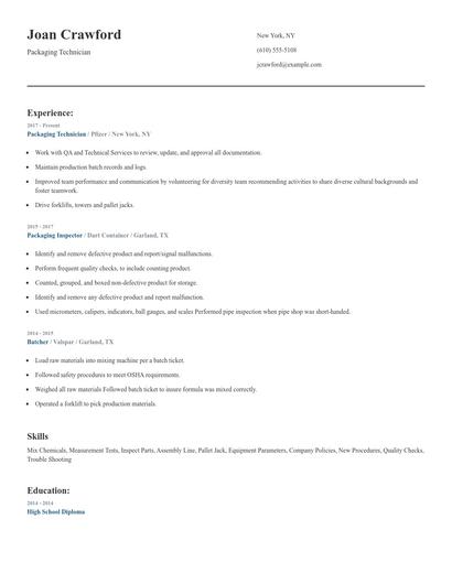 Packaging Technician Resume