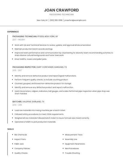 Packaging Technician Resume