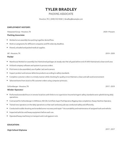 Packing Associate Resume