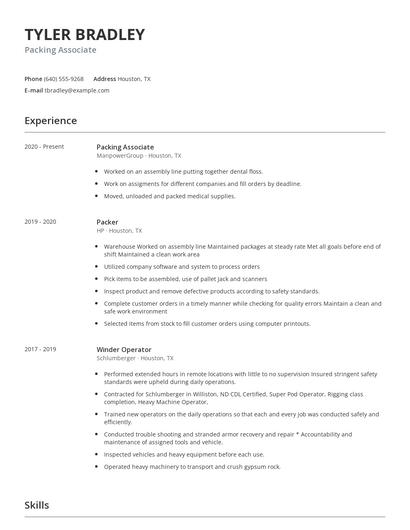 Packing Associate Resume