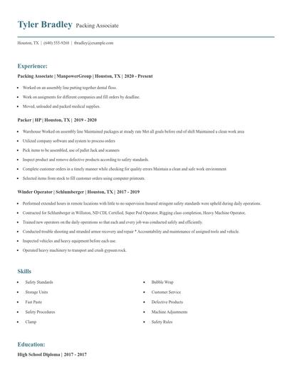 Packing Associate Resume