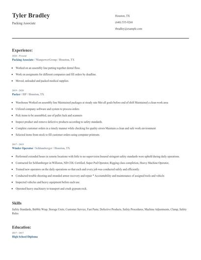 Packing Associate Resume