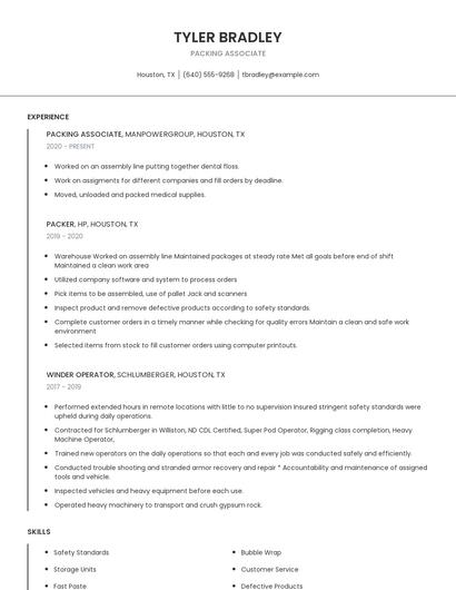 Packing Associate Resume