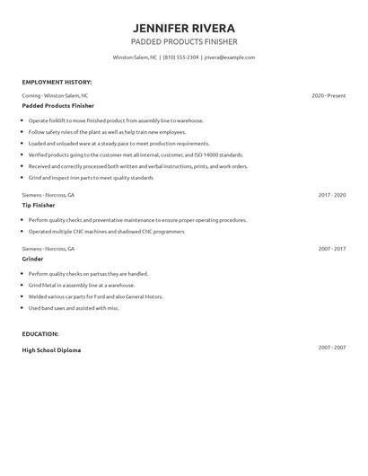 Padded Products Finisher Resume