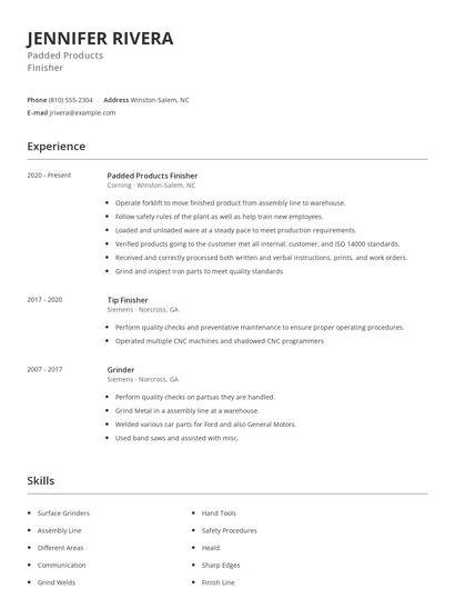 Padded Products Finisher Resume