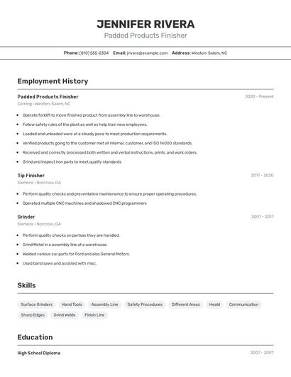 Padded Products Finisher Resume