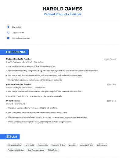 Padded Products Finisher Resume
