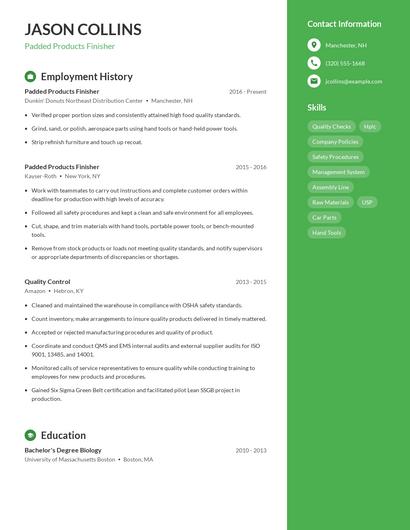 Padded Products Finisher Resume