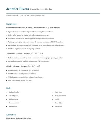 Padded Products Finisher Resume